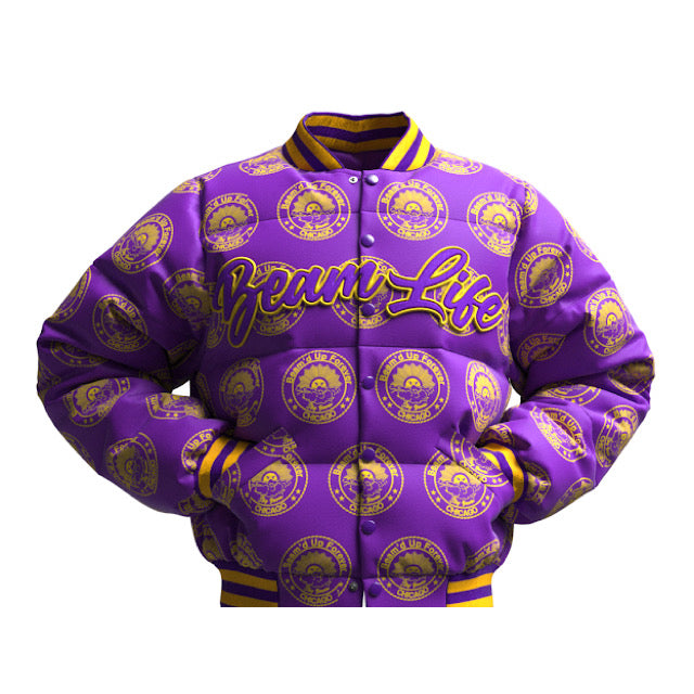 Beam’d Up Forever Varsity Jacket (Light Purple / Gold)