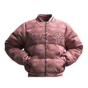 Beam’d Up Forever Varsity Jacket (Light Brown / Dust Pink)